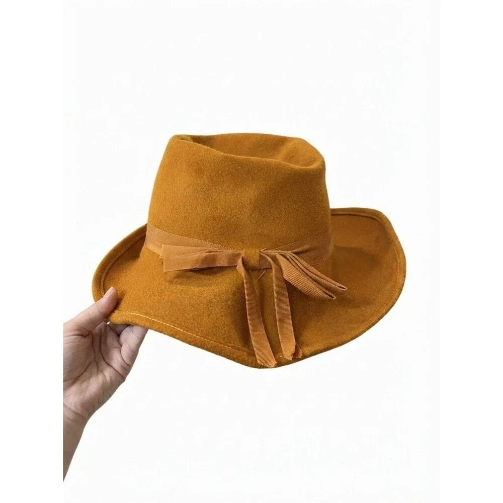 Vintage 1950s RITZ Henry Pollak Inc 100% Wool Mustard Gold Fedora Hat Bow Sz 22
